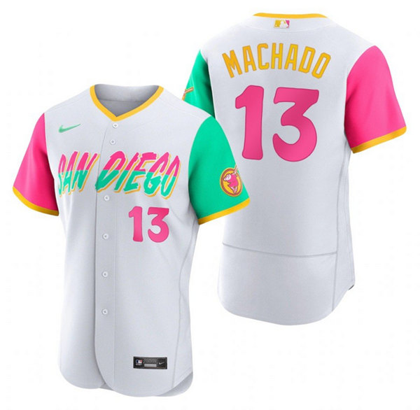 Men's San Diego Padres #13 Manny Machado 2022 White City Connect Flex Base Stitched Baseball Jersey